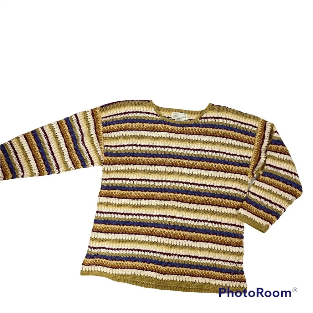 VINTAGE Jennifer Reed Hand Knitted Striped Ramie Cotton Sweater Medium